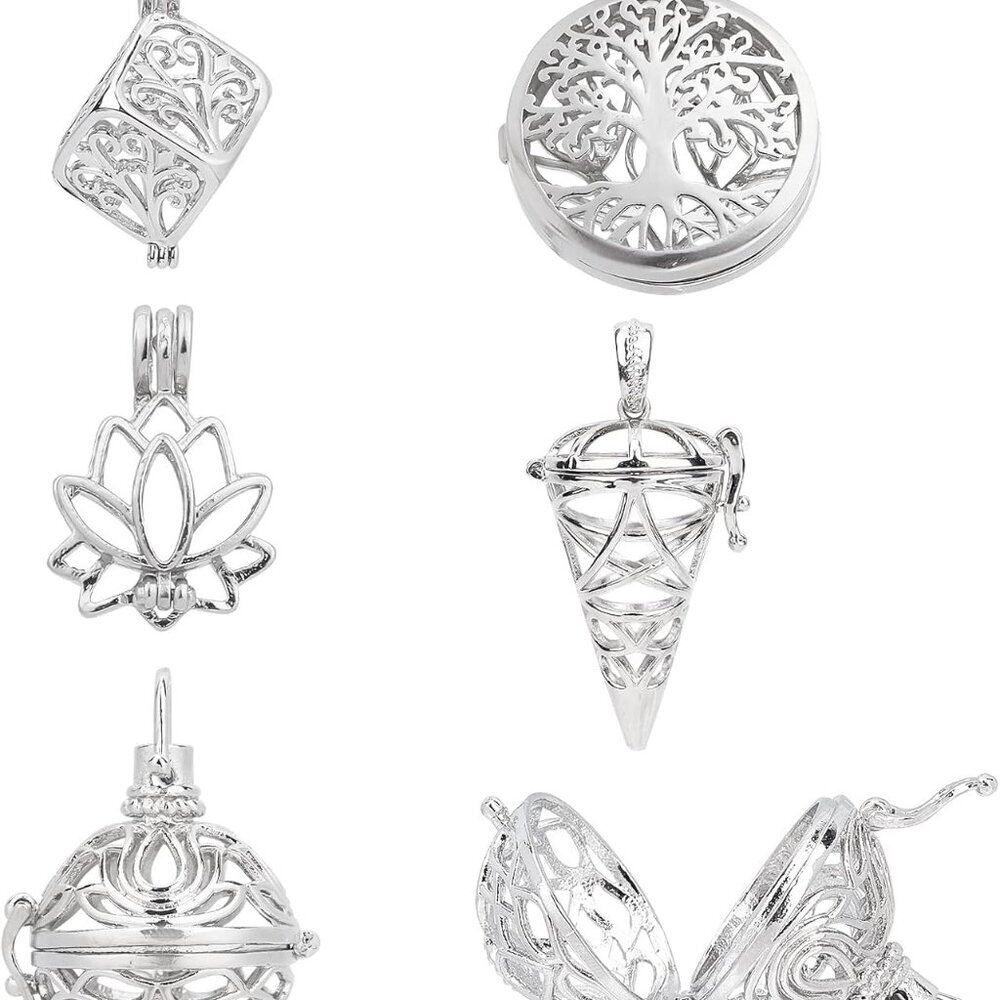 10Pcs 5 Styles Cage Charms Brass Locket Charms Stone Holder Necklace Silver Holl